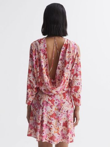 Reiss Annalisa Open Back Split Sleeve Mini Dress Pink Multi