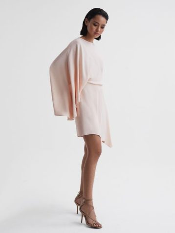 Reiss Christy Cape Sleeve Asymmetric Mini Dress Nude round neckline cape-style sleeves asymmetric hem maxi length