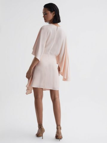 Reiss Christy Cape Sleeve Asymmetric Mini Dress Nude