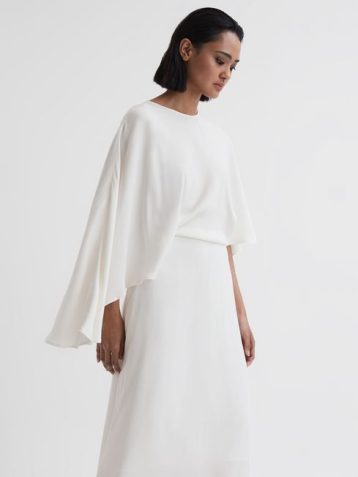 Reiss Naomi Cape Sleeve Asymmetric Maxi Dress Ivory