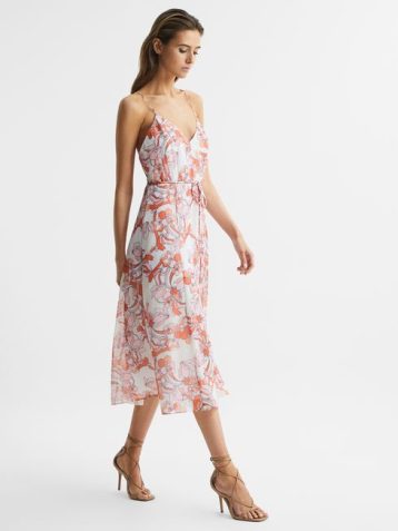 Reiss Pippa Floral Print Midi Dress Pink Multi