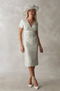 Coast Satin Jacquard Pleat Detail V Neck Pencil Dress Sage