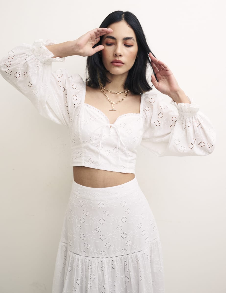 White Broderie Balloon Sleeve Sweetheart Josie Top ORGANIC COTTOn, £55