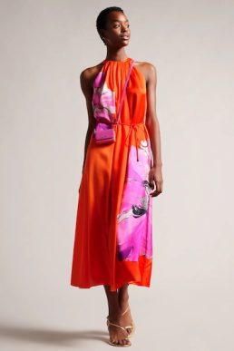 Ted Baker Immia Halterneck Midaxi Swing Dress Bright Orange pink