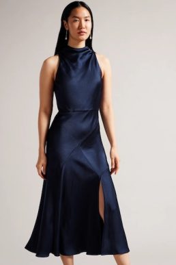 Ted Baker Lilymay Cowl Neck Bias Cut Midi Dress Dark Blue Navy