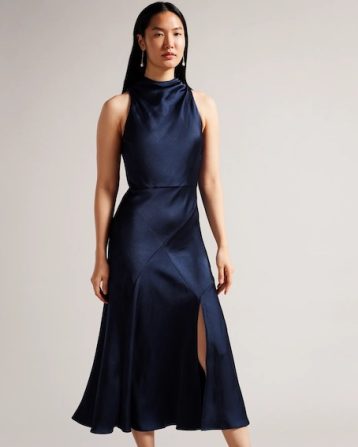 Ted Baker Lilymay Cowl Neck Bias Cut Midi Dress Dark Blue Navy