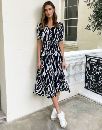 Black White Abstract Print Button Down Front Midi Dress