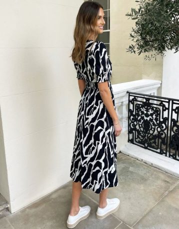 Black White Abstract Print Button Down Front Midi Dress