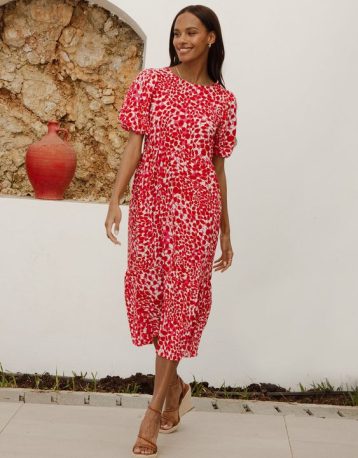 Red Abstract Spot Print Puff Sleeve Tiered Smock Midi Dress