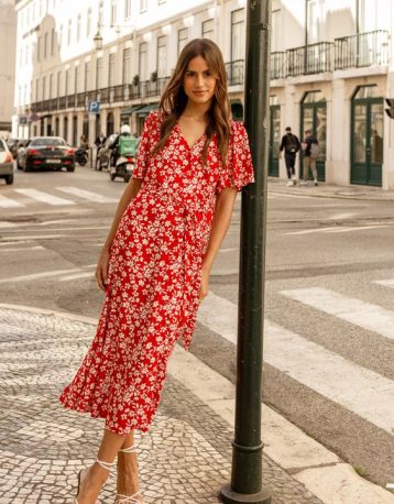 Threadbare Red Floral Print Flutter Sleeve Midi Dress