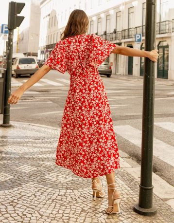 Threadbare Red Floral Print Flutter Sleeve Midi Dress