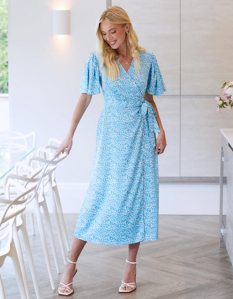 Blue Floral Satin Wrap Dress