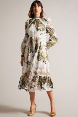 Ted Baker Maylily High Neck Botanical Dress With Ladder Lace