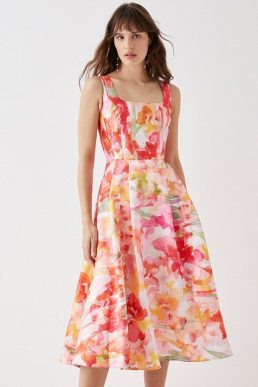 Coast Cut Out Twill Midi Dress In Floral Ombre White Multi