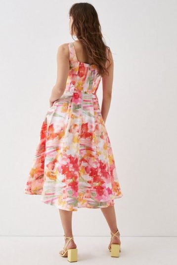 Coast Cut Out Twill Midi Dress In Floral Ombre White Multi