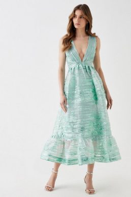 Coast Metallic Jacquard Plunge Midi Dress Sage