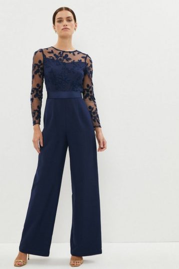 Coast Petite Embroidered Wide Leg Jumpsuit Navy