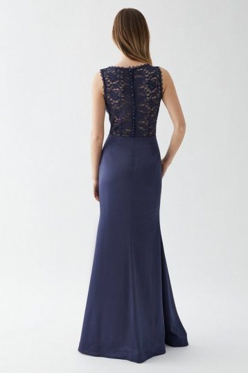 Coast Structured Satin Stretch Lace Back Bridesmaid Dress, Navy