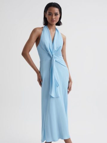 Reiss Amber Halter Neck Tie Detail Midi Dress Blue