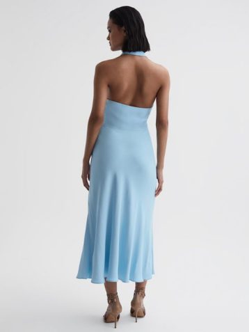 Reiss Amber Halter Neck Tie Detail Midi Dress Blue