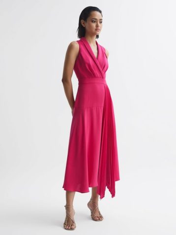 Reiss Claire Pleated Fitted Midi Dress Pink