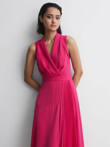 Reiss Claire Pleated Fitted Midi Dress Pink