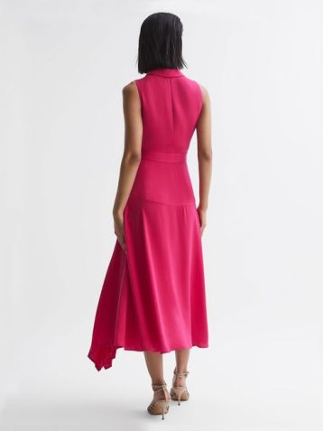 Reiss Claire Pleated Fitted Midi Dress Pink