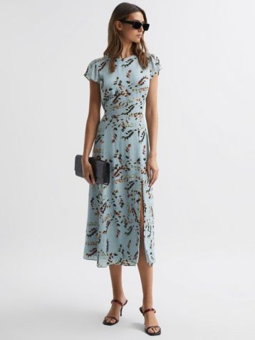 Reiss Livia Printed Cut Out Back Midi Dress Blue Multi