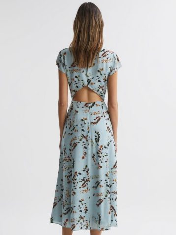 Reiss Livia Printed Cut Out Back Midi Dress Blue Multi