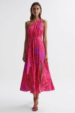 Reiss Mila One Shoulder Paisley Maxi Dress Pink Multi