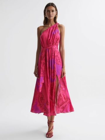 Reiss Mila One Shoulder Paisley Maxi Dress Pink Multi