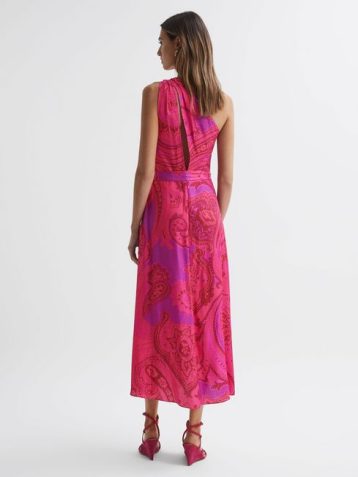 Reiss Mila One Shoulder Paisley Maxi Dress Pink Multi