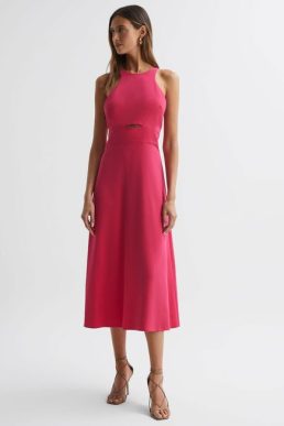 Reiss ViennaHalter Neck Cut Out Midi Dress Pink