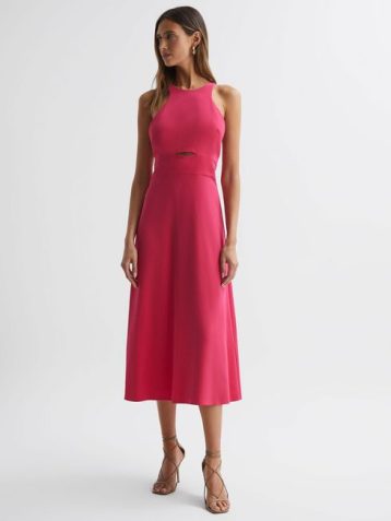 Reiss ViennaHalter Neck Cut Out Midi Dress Pink