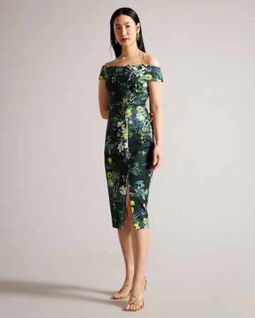 Ted Baker Divena Floral Pleated Bardot Bodycon Dress Green