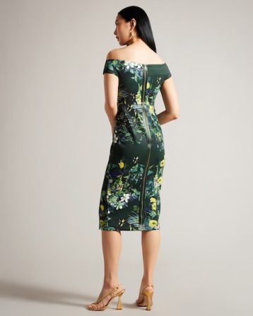 Ted Baker Divena Floral Pleated Bardot Bodycon Dress Green