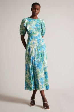 Ted Baker Nicciey Floral Puff Sleeve Midaxi Dress Blue Green