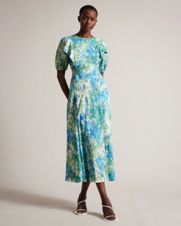 Ted Baker Nicciey Floral Puff Sleeve Midaxi Dress Blue Green