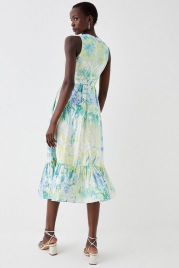 Coast Plunge Neck Frill Hem Midi Dress Green blue Multi