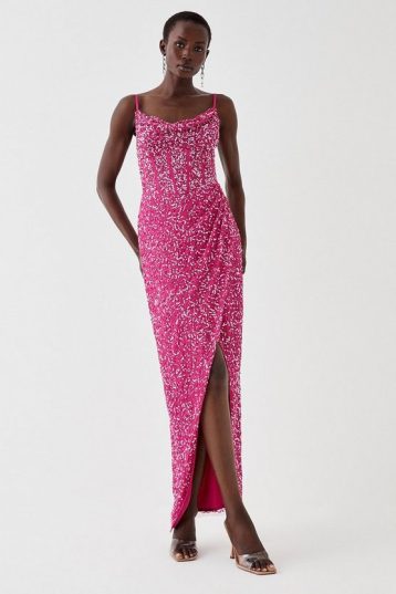 Coast Cowl Neck Corset Bodice Sequin Maxi Dress Pink