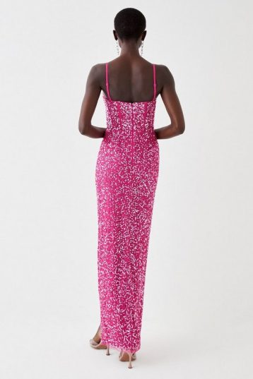 Coast Cowl Neck Corset Bodice Sequin Maxi Dress Pink