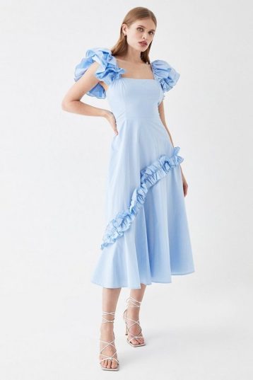 Coast Frill Sleeve Ruffle Skirt Cotton Midi Dress Light Blue