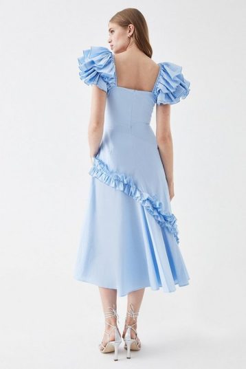 Coast Frill Sleeve Ruffle Skirt Cotton Midi Dress Light Blue