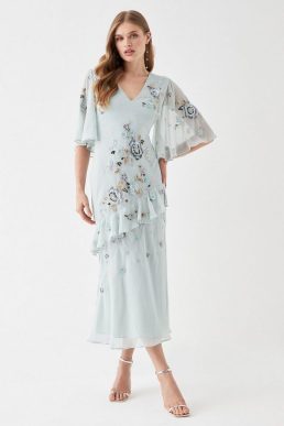 Coast Premium Hand Embellished Angel Sleeve Maxi Dress Blue