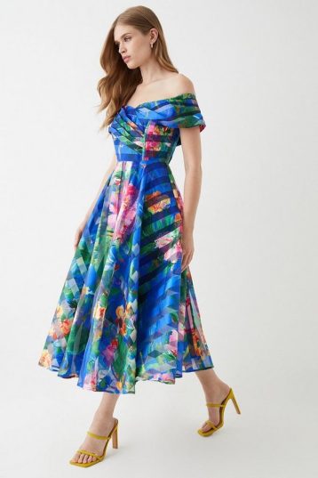 Coast Stripe Organza Pleated Top Midi Dress Blue Multi