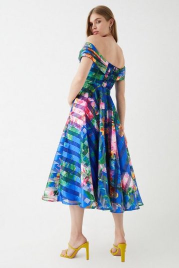 Coast Stripe Organza Pleated Top Midi Dress Blue Multi