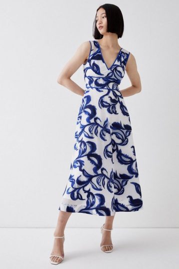 Coast V-Neck Jacquard Midi Dress, Blue/White - Image 2