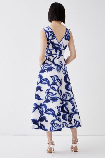 Coast V-Neck Jacquard Midi Dress Blue White