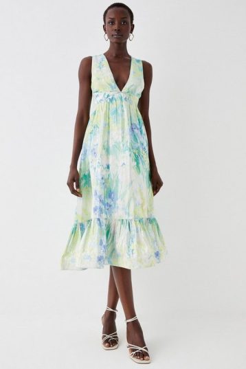 Coast Plunge Neck Frill Hem Midi Dress Green blue Multi