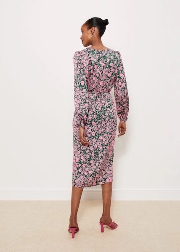 Hobbs Charton Floral Long Sleeve Dress Green Pink